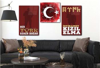 TÜRK BAYRAĞI VE TÜRK ASKERİ GÖRSELLİ CAM TABLO CAM SAAT SETİ 