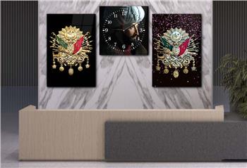 OSMANLI DEVLET ARMASI VE FATİH SULTAN MEHMET HAN GÖRSELLİ CAM TABLO CAM SAAT SETİ 