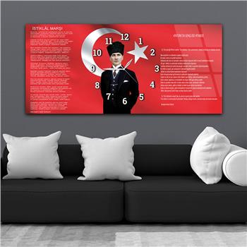 Yatay Saatli Ortadan Vatan Temalı Cam Tablo 096