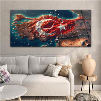 Yatay Saatli Ortadan Vatan Temalı Cam Tablo 116