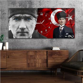 Yatay Saatli Ortadan Vatan Temalı Cam Tablo 162
