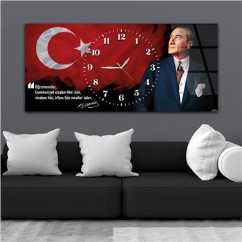 Yatay Saatli Ortadan Vatan Temalı Cam Tablo 151