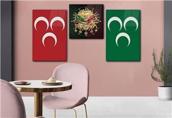 ÜÇ HİLAL VE OSMANLI DEVLET ARMASI GÖRSELLİ CAM TABLO CAM SAAT SETİ 