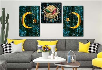 AY YILDIZ VE OSMANLI DEVLET ARMASI GÖRSELLİ  CAM TABLO SAAT SETİ 