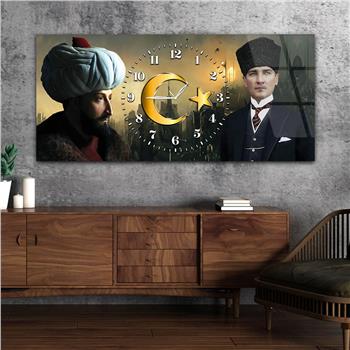 Yatay Saatli Ortadan Vatan Temalı Cam Tablo 157