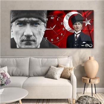 Yatay Saatli Ortadan Vatan Temalı Cam Tablo 162