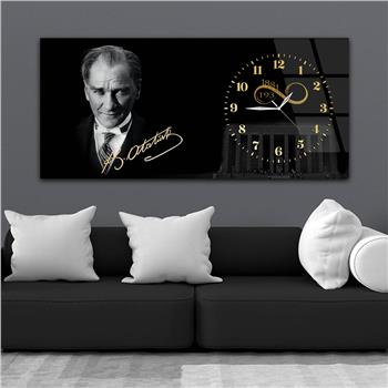 Yatay Saatli Yandan Vatan Temalı Cam Tablo 033