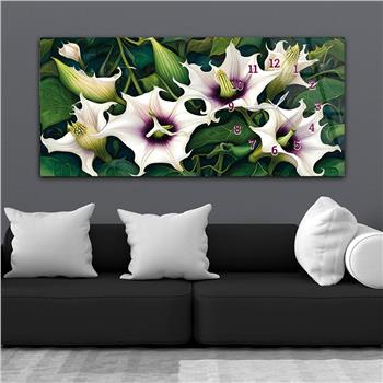 Zambak Çiçeği Desenli Yatay Saatli Yandan Sanat ve Doğa Temalı Cam Tablo 234