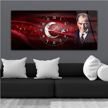 Yatay Saatli Ortadan Vatan Temalı Cam Tablo 141