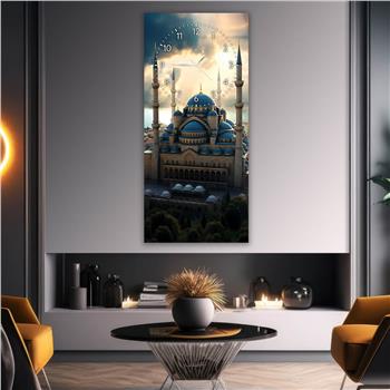 Dikey Üstten Saatli Dini Temalı Cam Tablo 020