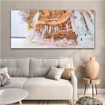 Horizontal bedrucktes Glas mit Kunst und Naturthema und einer Uhr an der Seite 125