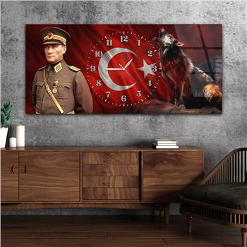 Yatay Saatli Ortadan Vatan Temalı Cam Tablo 171