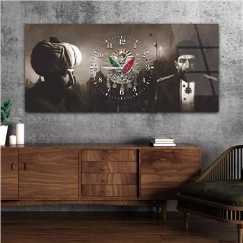 Abdulhamid Han , Fatih Sultan Mehmet Han ve Osmanlı Tuğralı Saatli Cam Tablo 075