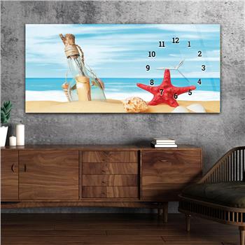 Kumsal Deniz Yıldızı Şişe İçinde Mesaj ve Deniz Kabuğu Yatay Saatli Doğa Temalı Cam Tablo 236