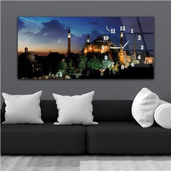 Horizontal bedrucktes Glas mit Kunst und Naturthema und einer Uhr an der Seite 141