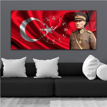 Yatay Saatli Ortadan Vatan Temalı Cam Tablo 097