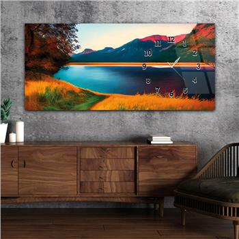 Horizontal bedrucktes Glas mit Kunst und Naturthema und einer Uhr an der Seite 177