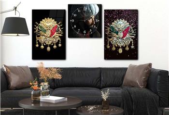 OSMANLI DEVLET ARMASI VE FATİH SULTAN MEHMET HAN GÖRSELLİ CAM TABLO CAM SAAT SETİ 