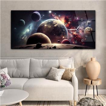 Horizontal bedrucktes Glas mit Kunst und Naturthema und einer Uhr an der Seite 184