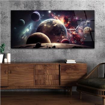 Horizontal bedrucktes Glas mit Kunst und Naturthema und einer Uhr an der Seite 184