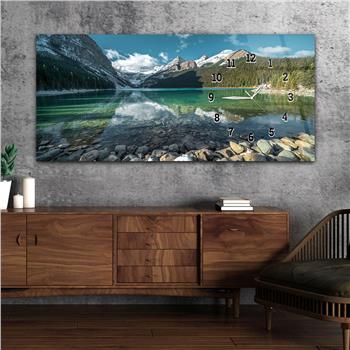 Horizontal bedrucktes Glas mit Kunst und Naturthema und einer Uhr an der Seite 167