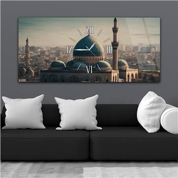 Yatay Ortadan Saatli  Dini Temalı Cam Tablo 112