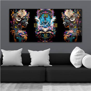 Yatay Ortadan Saatli  Sanat ve Doğa Temalı Cam Tablo 065