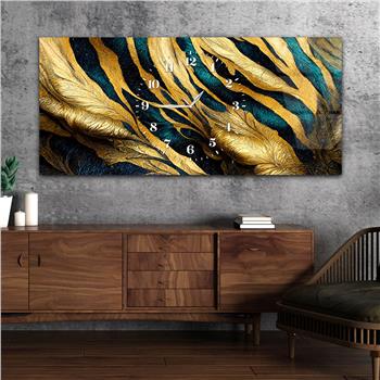 Gold ve Mavi Renkli, Çizgi ve Yaprak Desenli Saatli Cam Tablo