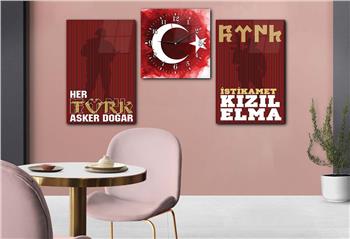 TÜRK BAYRAĞI VE TÜRK ASKERİ GÖRSELLİ CAM TABLO CAM SAAT SETİ 
