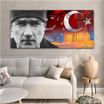 Yatay Saatli Ortadan Vatan Temalı Cam Tablo 160