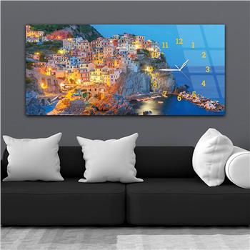 Horizontal bedrucktes Glas mit Kunst und Naturthema und einer Uhr an der Seite 113