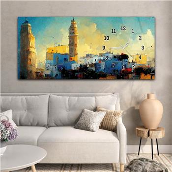 Horizontal bedrucktes Glas mit Kunst und Naturthema und einer Uhr an der Seite 191