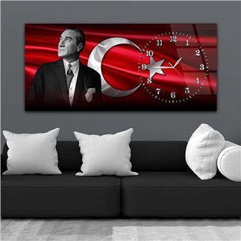 Yatay Saatli Yandan Vatan Temalı Cam Tablo 038