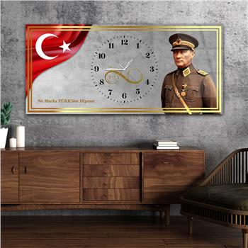 Yatay Saatli Ortadan Vatan Temalı Cam Tablo 142