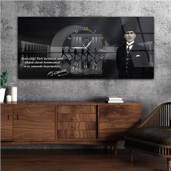 Yatay Saatli Ortadan Vatan Temalı Cam Tablo 154