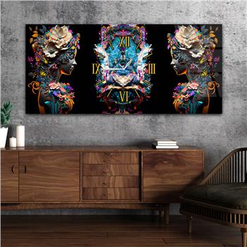 Yatay Ortadan Saatli  Sanat ve Doğa Temalı Cam Tablo 065