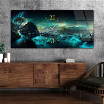 Yatay Ortadan Saatli  Sanat ve Doğa Temalı Cam Tablo 063