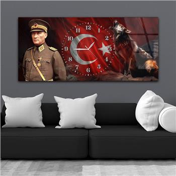 Yatay Saatli Ortadan Vatan Temalı Cam Tablo 172