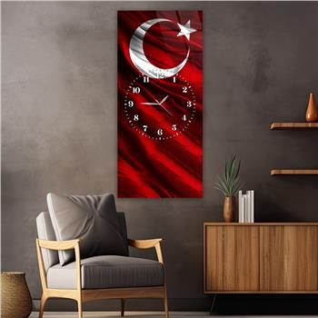 Dikey Ortadan Saatli Vatan Temalı Cam Tablo 001