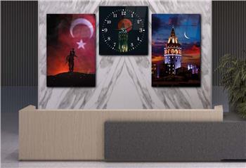 GALATA KULESİ TÜRK BAYRAĞI ALTINDA TÜRK ASKERİ GÖRSELLİ  CAM TABLO SAAT SETİ 