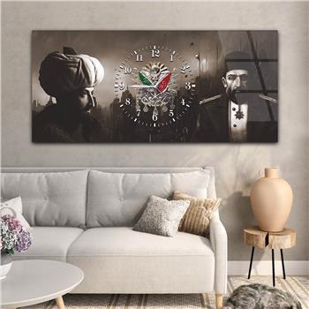 Abdulhamid Han , Fatih Sultan Mehmet Han ve Osmanlı Tuğralı Saatli Cam Tablo 075