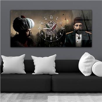 Fatih Sultan Mehmet Han Abdülhamit Han ve Osmanlı Tuğralı Saatli Cam Tablo 076