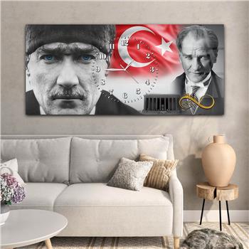 Yatay Saatli Ortadan Vatan Temalı Cam Tablo 155