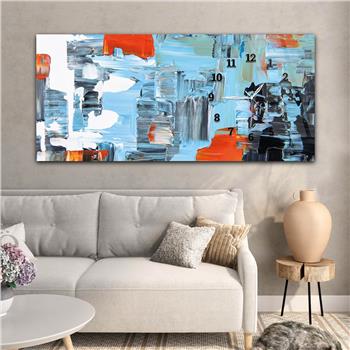 Horizontal bedrucktes Glas mit Kunst und Naturthema und einer Uhr an der Seite 148