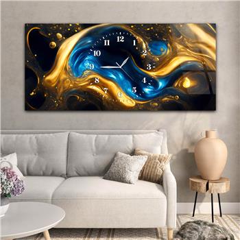 Sarı ve Mavi Renklerle Sarmal Görselli Saatli Cam Tablo