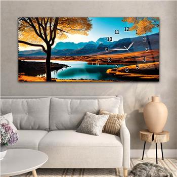 Horizontal bedrucktes Glas mit Kunst und Naturthema und einer Uhr an der Seite 171