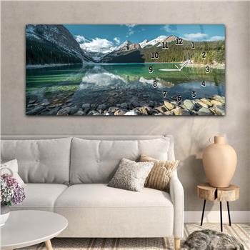 Horizontal bedrucktes Glas mit Kunst und Naturthema und einer Uhr an der Seite 167