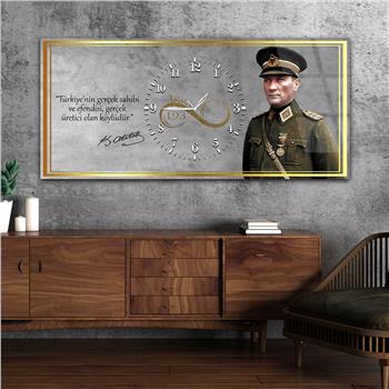 Yatay Saatli Ortadan Vatan Temalı Cam Tablo 165