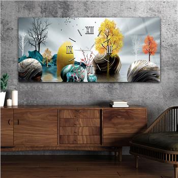 Yatay Ortadan Saatli  Sanat ve Doğa Temalı Cam Tablo 090