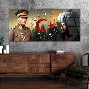 Yatay Saatli Ortadan Vatan Temalı Cam Tablo 158